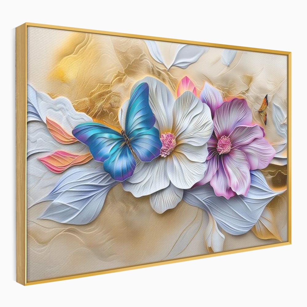 Tablou canvas cu tablou canvas cu flori si fluture, in rama de aluminiu auriu